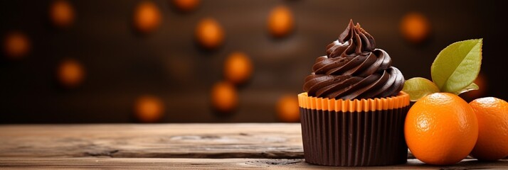 Obraz na płótnie Canvas Orange chocolate cupcake banner with cozy background