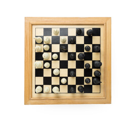 Chess battle on wood board isolated on white, top view