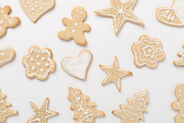 Cute homemade Christmas cookies on color background,top view