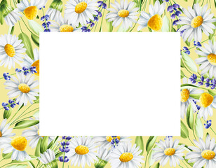 Watercolor frame, template with lavender, sage and chamomiles illustration isolated on white...