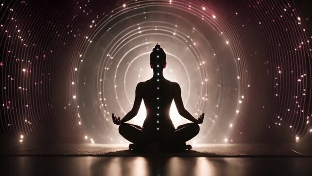 Meditation silhouette of woman meditating chakras with a rotating rays converge in black background