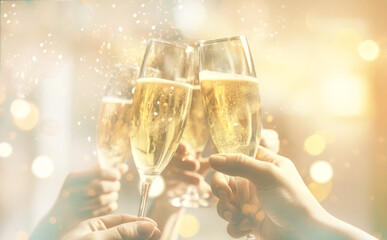 Close-up hands of people with glasses of champagne. Abstract background with Particles Gold Glitter. Blurred effect.