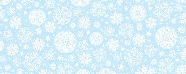 Blue christmas banner with white snowflakes. Merry Christmas and Happy New Year greeting banner. Horizontal new year background, headers, posters, cards, website.Vector illustration