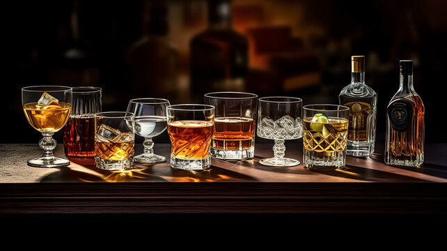 Set of hard strong alcoholic drinks and spirits in glasses in assortment. Generative AI