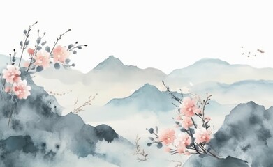 Un tableau asiatique au format aquarelle avec des fleurs roses