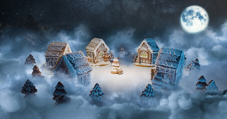  Magic Christmas gingerbread village with trees on night sweet background with moving clouds around