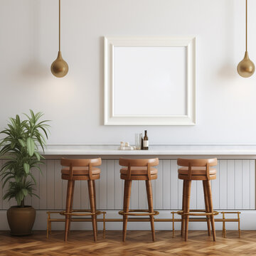 mockup of an empty frame on the wall in a cafe with bar stools