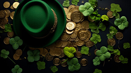 green felt hat on a green background with clover and gold coins on St. Patrick's Day holiday - obrazy, fototapety, plakaty
