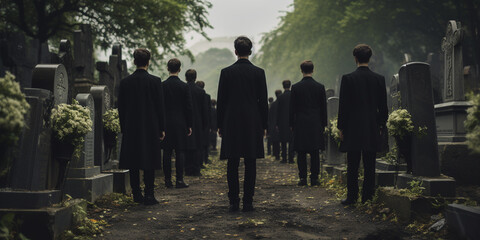a lot of sad and sorrowful people dressed in black and standing in a cemetery for a wake. - obrazy, fototapety, plakaty