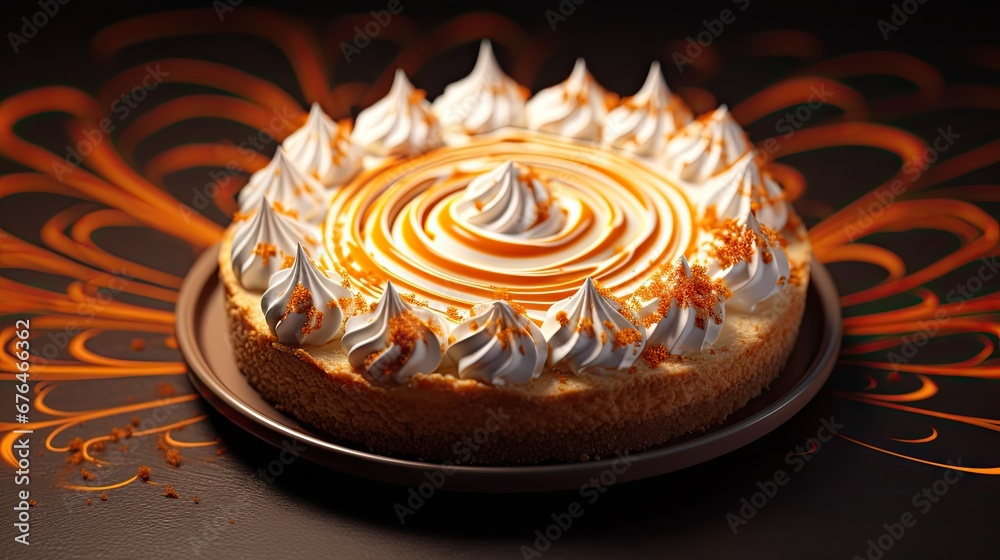 Sticker  a cake with white frosting and orange swirls on top of a brown plate on a brown tablecloth.  generative ai