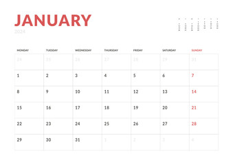 Monthly page Calendar Planner Templates of January 2024. Vector layout of simple calendar with week start Monday for print. Page for size A4 or 21x29.7 cm