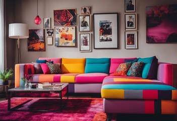 Colorful corner sofa in apartment Interior design of pop art style colorful living room