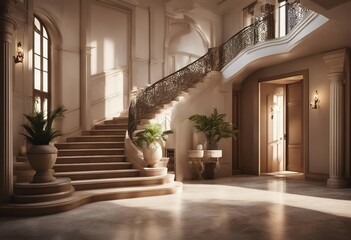Fototapeta na wymiar Interior design of mediterranean style entrance hall with door and staircase