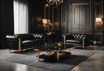 Leather sofa and armchair near golden round coffee table against black marble paneling wall