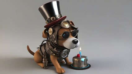 dog with a birthday cake,  A steampunk cute dog with a party hat, and a birthday cake. The dog is a scientific experiment  