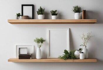 Wood floating shelf with frames and vases on white wall Storage organization for home Interior design
