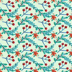 Seamless pattern with botanical plants, flowers and berries. Textile or wallpaper print