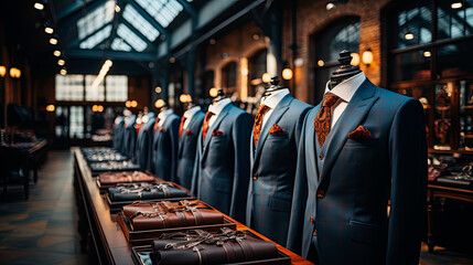 Obraz premium Close-up of men's suit models on mannequins in a men's clothing store