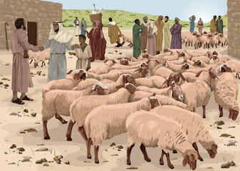 Sheep being purchased by the Good Shepherd. Biblical illustration depicting Psalm 23:1.