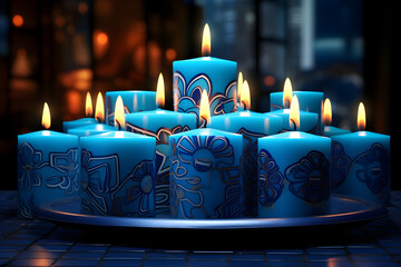 Blue candles are placed on a table as part of digital Kwanzaa celebration decor,