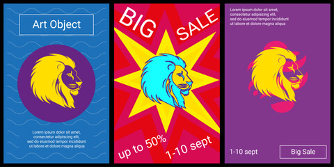 Trendy retro posters for organizing sales and other events. Large lion head icon in the center of each poster. Vector illustration on black background