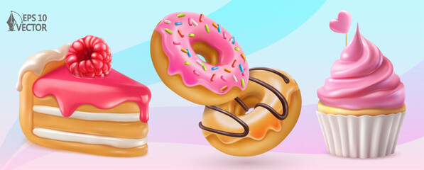 Vector icon set of sweet food. Raspberry pie, glazed donuts, flavored cupcake with whipped cream. Realistic 3D food illustrations for packaging and advertising design