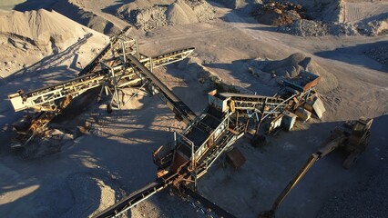 Industrial area for processing mining material, rock, stone for crushing machine. Manufacturing...