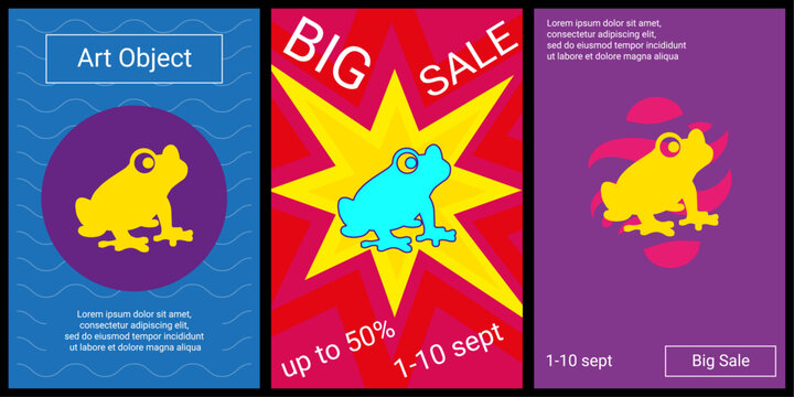 Trendy retro posters for organizing sales and other events. Large frog symbol in the center of each poster. Vector illustration on black background