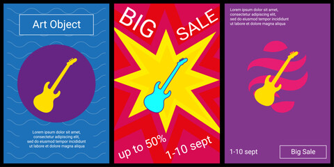Trendy retro posters for organizing sales and other events. Large guitar symbol in the center of each poster. Vector illustration on black background