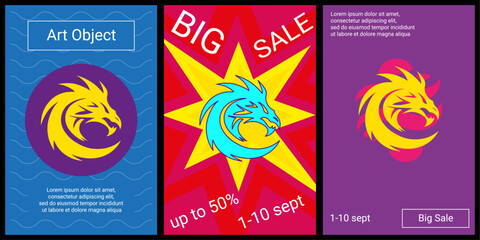 Fototapeta premium Trendy retro posters for organizing sales and other events. Large dragon's head symbol in the center of each poster. Vector illustration on black background