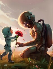 A little boy is giving a flower to an alien soldier with moon backgound. Generative AI - obrazy, fototapety, plakaty