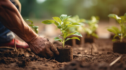 
Farmer or gardener planting young plants hands holding a plant