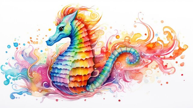  a painting of a colorful sea horse on a white background with a splash of paint on it's body.  generative ai