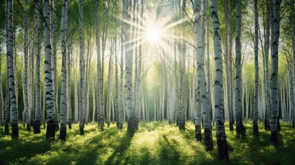  the sun shines through a grove of trees in a forest filled with green grass and tall white birch trees.  generative ai