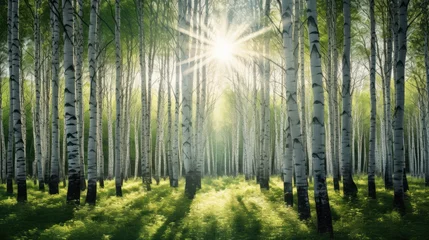 Gordijnen  the sun shines through a grove of trees in a forest filled with green grass and tall white birch trees.  generative ai © Oleg