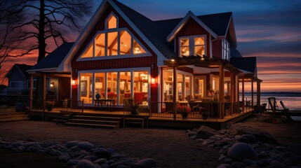  a red and white house sitting on top of a beach next to a body of water with a sunset in the background.  generative ai