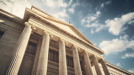 Fototapeta premium A low-angle view of a historic government building with tall pillars, illuminated by bright sunlight. Symbolizing justice and authority. Ideal for legal, architectural, and historical themes.