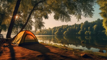  a tent set up on the shore of a lake next to a picnic table with a view of a wooded area.  generative ai