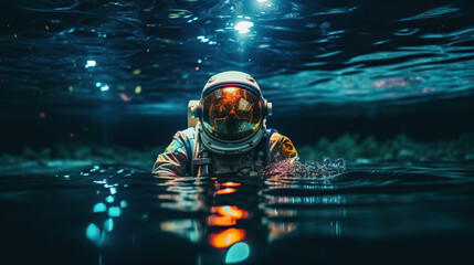 night Shiny star Astronaut float on water neon
 astronaut in space - obrazy, fototapety, plakaty