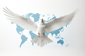 Concept for the International Day of Peace. White dove on the background of the world map in light colors, Humanity needs peace on Earth. The dove of peace