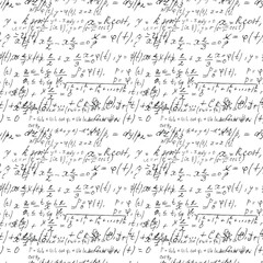 Math seamless board with handwritten mathematical and physics formulas and proves. Vector - obrazy, fototapety, plakaty
