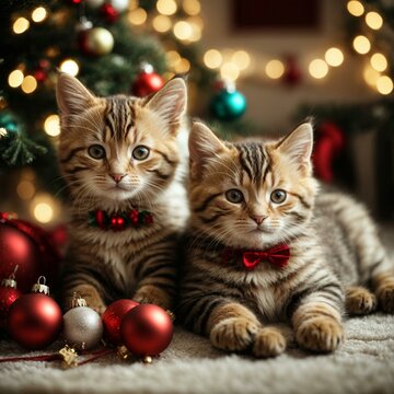 Two kittens and Christmas tree toys on a white bed at home.