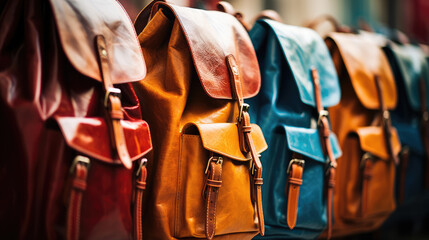 Wallpaper with beautiful stylish colorful bags, school backpacks. A lot of backpacks, copy space, backdrop. 