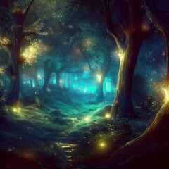 Fantasy forest at night, magic lights and fireflies in fairytale wood, Surreal mystical fantasy artwork. Generative AI