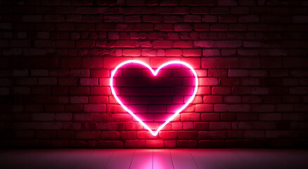 Valentins Day. Neon Heart on Black brick wall background. Copy Space