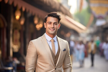 Wealthy attractive happy young male executive smiling looking away posing in downtown mumbai. - obrazy, fototapety, plakaty
