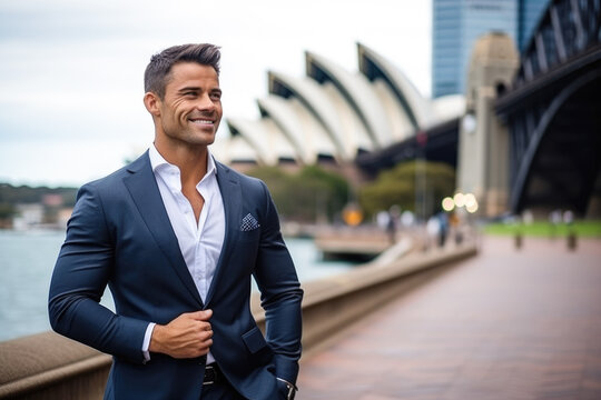 Wealthy attractive happy young male executive smiling looking away posing in downtown sydney.