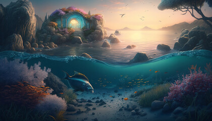 A trip to the aquarium. surreal mystical fantasy artwork. Generative AI
