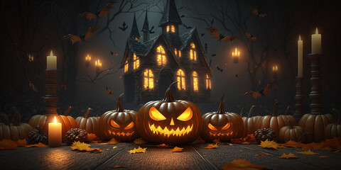Jack O Lanterns pumpkins and candles glowing at spooky mysterious castle. Generative AI