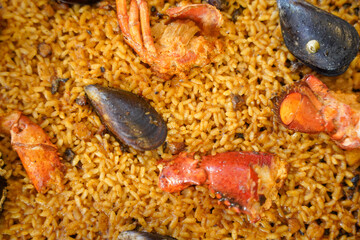 lobster rice in paella, traditional Spanish food